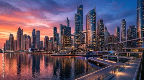 Modern Dubai Skyline at Sunset with Illuminated Skyscrapers and Water Reflection