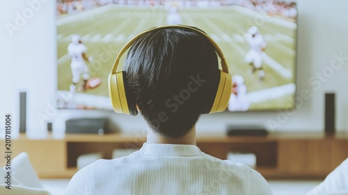 Watching a football game at home while wearing yellow headphones