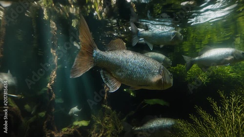Underwater Amazon rainforest with tropical fish, golden light and flooded jungle nature concept