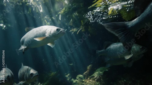 Underwater Amazon rainforest with tropical fish, golden light and flooded jungle nature concept