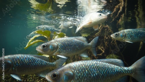 Underwater Amazon rainforest with tropical fish, golden light and flooded jungle nature concept