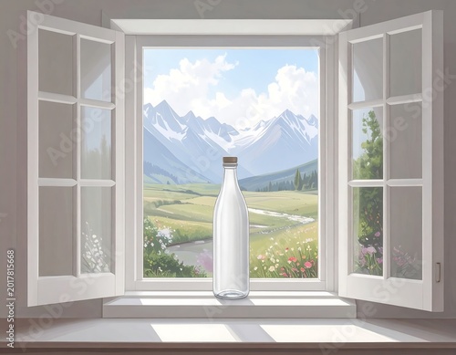 An open window frames a scenic mountain vista, with a bottle of a liquid product on the sill