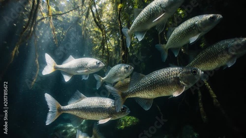 Underwater Amazon rainforest with tropical fish, golden light and flooded jungle nature concept