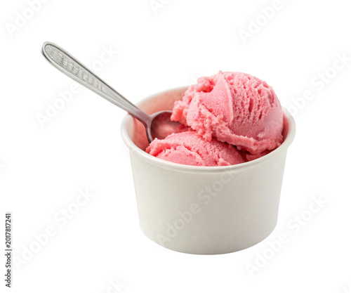 Fotografie Strawberry and vanilla ice cream scoops with raspberries in a bowl of creamy fro