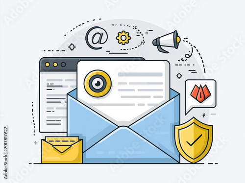 Email communication and security concepts with various digital elements in a flat design style