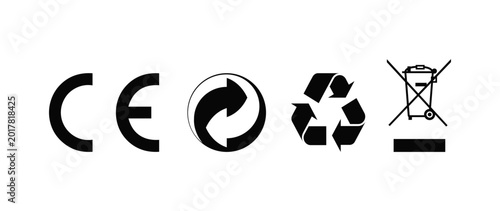 CE Mark, Recycling Symbol, Green Dot Symbol and WEEE Symbol (Wheelie Bin) Symbol vector SVG