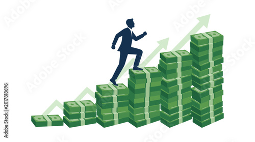 Tableau sur toile Financial Ascent: An illustration captures a figure ascending a staircase crafted from stacks of money, symbolizing financial growth and success, with an upward-trending arrow