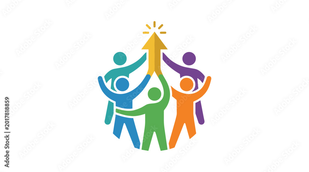 Fototapeta premium Ascending Together: A vibrant graphic symbolizes unity and growth as individuals join forces to elevate an upward arrow, conveying teamwork and shared progress.
