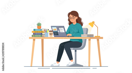 Slika na platnu Focused at Desk: An individual sits at a wooden desk engrossed in work