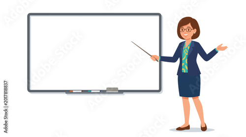 Tableau sur toile Teacher with Presentation: A teacher confidently delivers a presentation, standing beside a blank whiteboard, ready to explain and inform