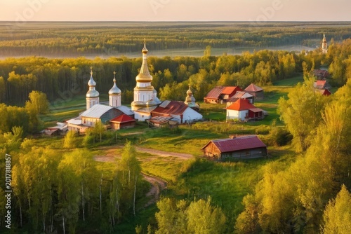 wooden houses, landscape, forest, river, church