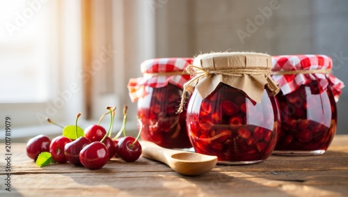 Homemade cherry preserves in glass jars with fresh sweet cherries and a wooden spoon on a rustic table