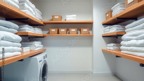 Modern laundry room with neat wooden shelves and folded textiles. Labeled drawers create a sense of order. A space without people, ideal for organizing everyday life.