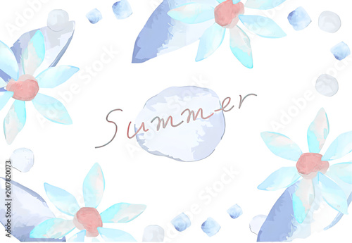 Handwritten hello summer text with watercolor flowers and butterflies on white background