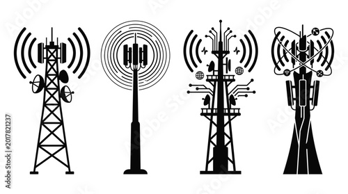 Quadro su tela Cell tower silhouettes with antenna arrays on white background