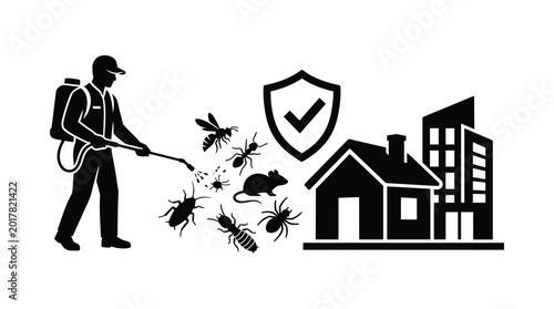 Pest control illustration with exterminator insects and protected buildings