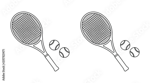 Tennis rackets and balls black and white line drawing