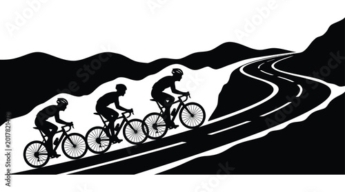 Cyclists riding uphill on a winding road black silhouette