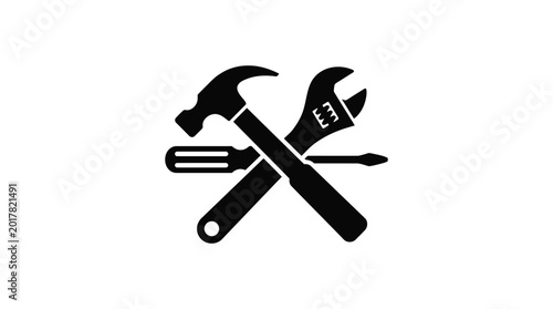 crossed tools silhouette hammer wrench and screwdriver on white
