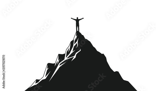 Foto man standing with arms raised on a mountain peak black silhouette against a whit