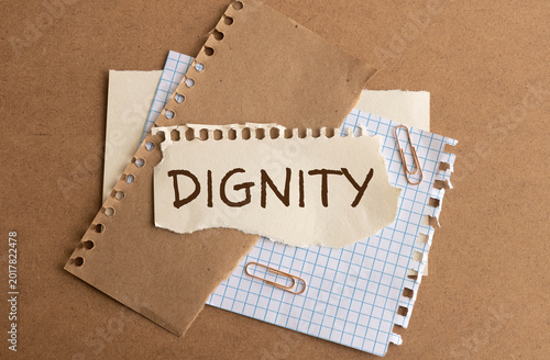 Photography the word dignity in a rustic wooden split flap board.