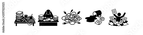 Tableau sur toile Vector icon set of office chaos: messy desk, stressed worker, tangled cables, spilled coffee, and paperwork overload