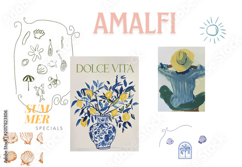 Amalfi coast travel poster with floral design and seafood illustrations
