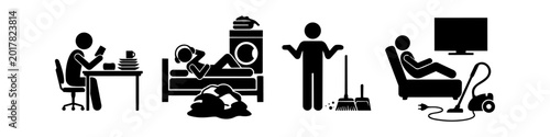 Foto Set of black pictograms depicting people avoiding household chores and procrastinating on tasks like laundry, dishes, sweeping, and vacuuming while relaxing or watching TV