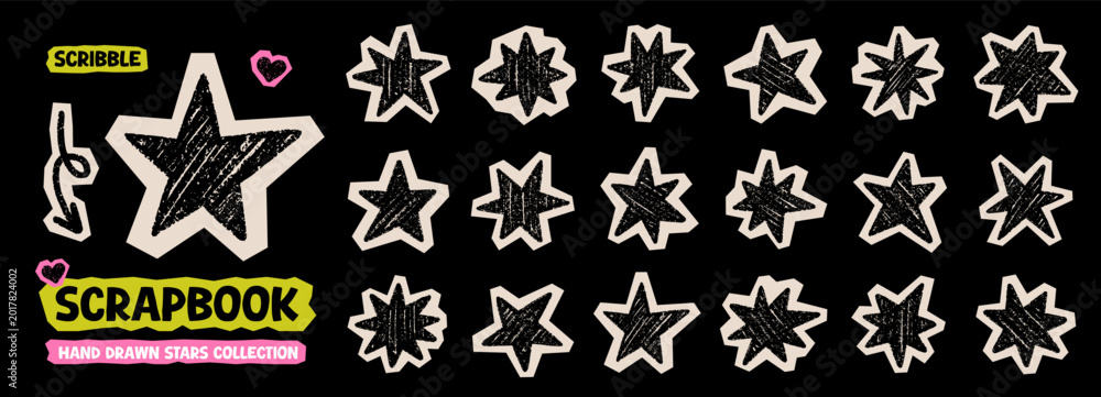 Fototapeta premium Chalk pencil star paper stickers and sparkle scrapbook collage doodle. Crayon cutout twinkle, blink and pastel glitter silhouette in sketch style, Hand drawn illustration isolated on black background