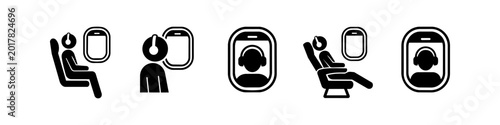 Quadro em tela Set of minimalist black airplane passenger icons featuring people with headphones, seats, and cabin windows