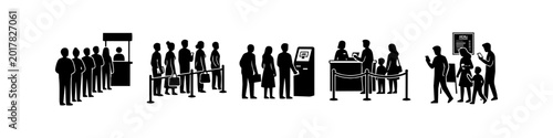 Obraz na płótnie Silhouette set of people waiting in line, queuing for ticket counters, ATM kiosks, and customer service