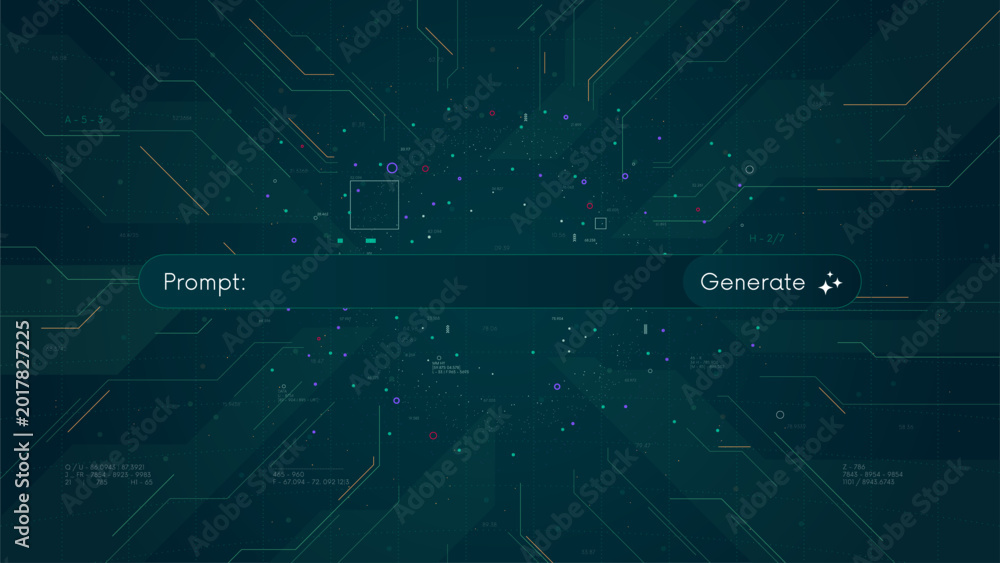 Obraz premium Futuristic artificial intelligence interface with Prompt search bar and generate button on digital cyberspace background, Neural network visualization for machine learning and tech design