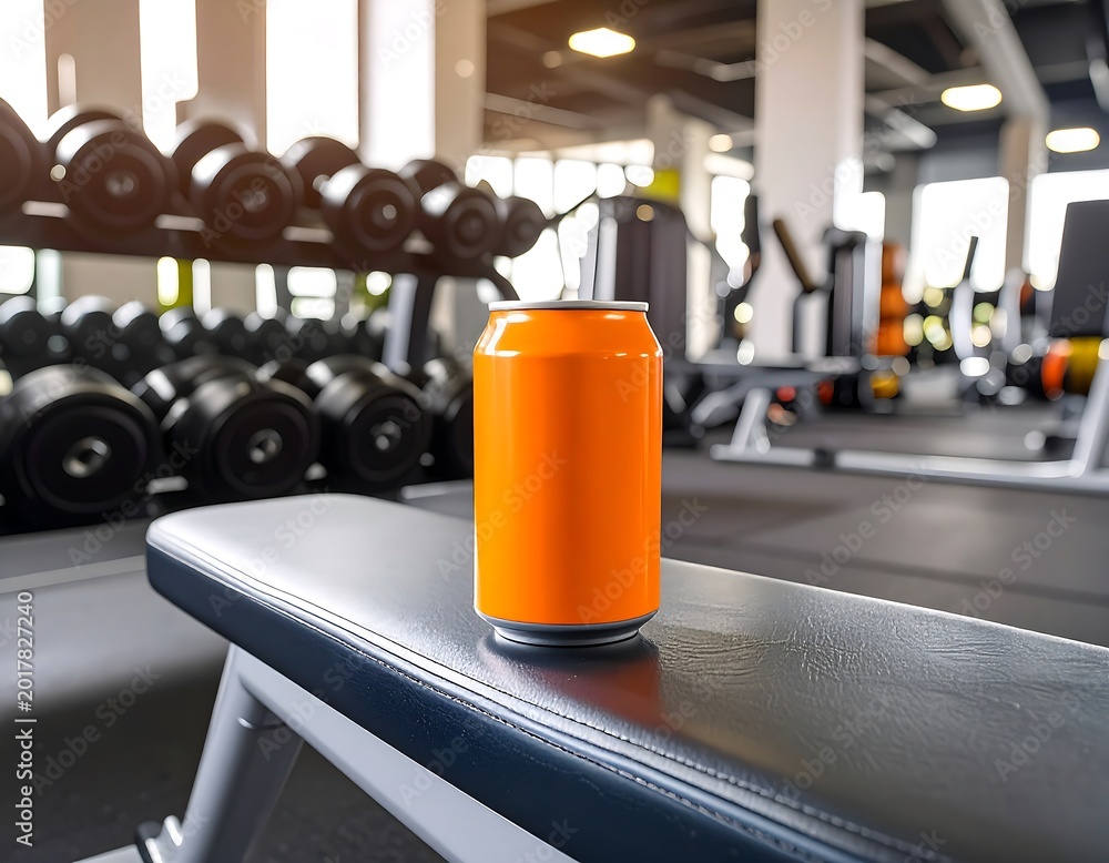 Fototapeta premium An orange beverage can rests on a gym bench with blurred exercise equipment and weights in the background, suggesting workout recovery