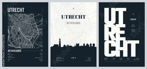 Detailed street plan city map Utrecht is the fourth-largest city of the Netherlands, Vector set of travel posters, Silhouette skyline artwork, kit 2
