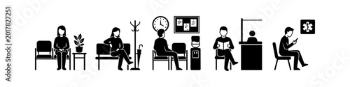 A minimalist vector icon set showing people in a hospital or office waiting room, featuring a reception desk, chairs, a clock, a water cooler, and individuals waiting patiently.
