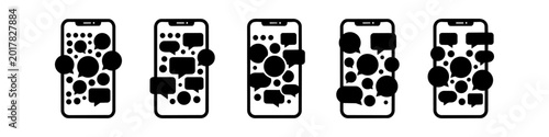 Fotografía Set of five smartphone icons overflowing with speech bubble and notification symbols, representing digital communication, social media overload, and mobile messaging on white background