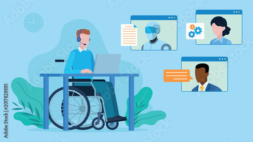 A man in a wheelchair works in an office on a laptop. A conference call with a team of employees and an AI robot. Online connection within the company. Vector in flat design style.