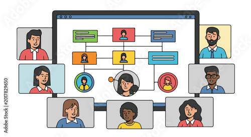 Cartoon people in video conference on computer screen