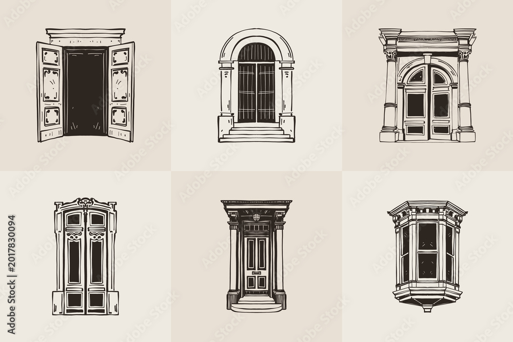 Fototapeta premium Vintage Architectural Door Illustrations Set — Hand Drawn Gothic Baroque Neoclassical Doorways