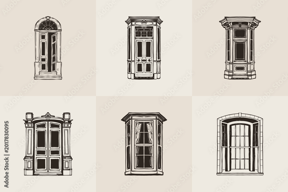 Fototapeta premium Vintage Architectural Door Illustrations Set — Hand Drawn Gothic Baroque Neoclassical Doorways