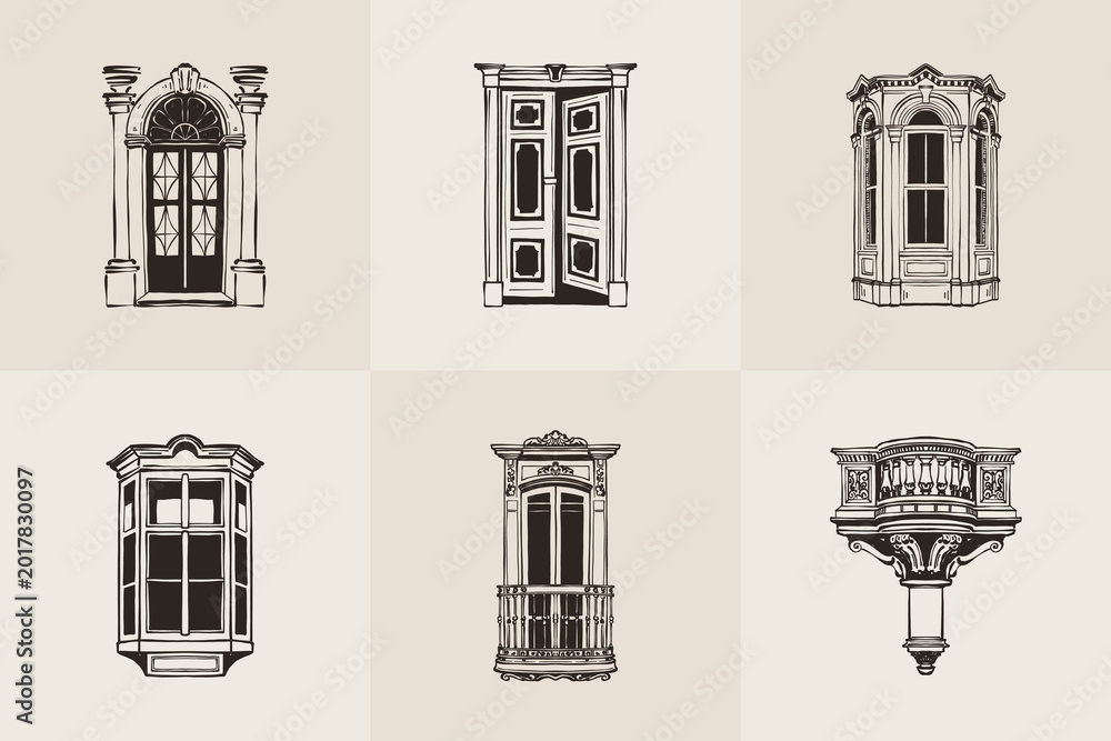Fototapeta premium Vintage Architectural Door Illustrations Set — Hand Drawn Gothic Baroque Neoclassical Doorways