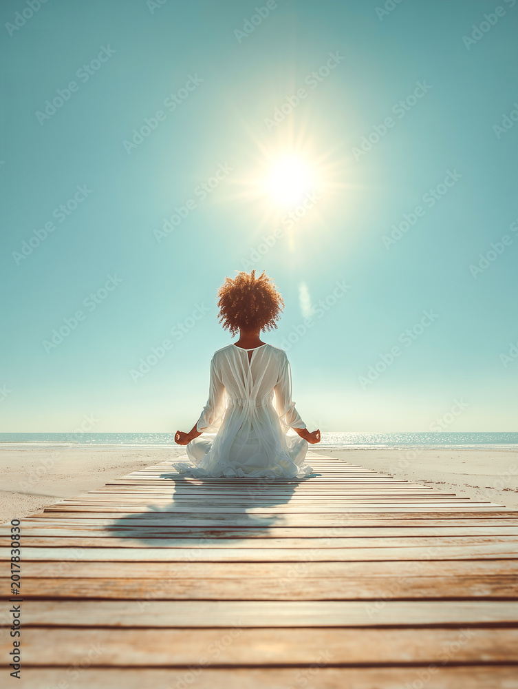 Fototapeta premium Back view of a woman in a white dress meditating in lotus pose on a wooden pier at the beach. Peaceful sunrise over the ocean, concept of mindfulness, wellness, and tranquility