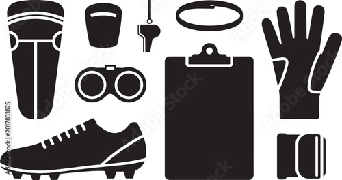 Tableau sur toile Soccer sport equipment icons set with cleats shin guards whistle and clipboard o