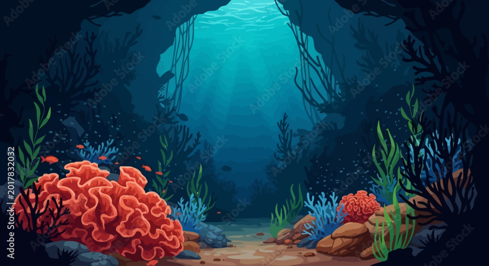 Εκτύπωση καμβά Underwater, ocean, sea, cave background, coral reef scene, aquatic landscape, bl
