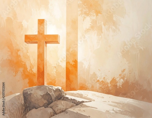 An orange cross stands atop a stone outcropping, backdropped by an abstract, warm-toned, and ethereal background