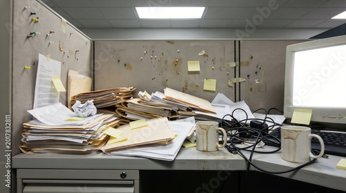 Messy office desk covered in overflowing manila folders piled physical documents tangled computer cables and stained coffee mugs inside a dirty corporate cubicle