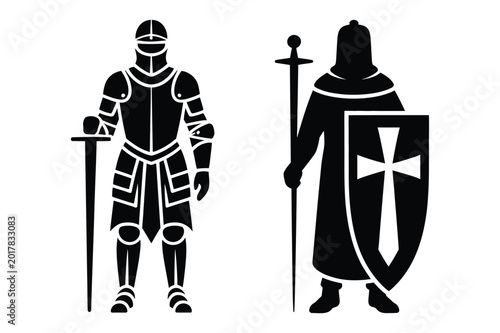 Bild auf Leinwand Medieval knight warriors silhouette with sword and shield medieval crusader