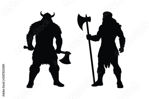 Εκτύπωση καμβά Viking warriors silhouette with axes and fur silhouette illustration medieval