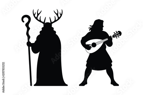 Obraz na płótnie Fantasy silhouettes of a druid with antlers and a bard with lute, silhouette