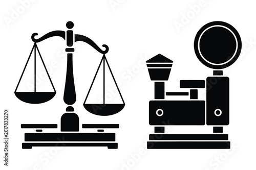Bild auf Leinwand Traditional balance scale and modern weighing scale with measurement, weighing